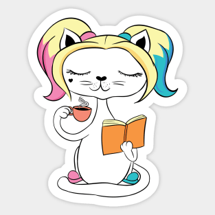 Cute Cat Enjoying Coffee and Reading Book Sticker